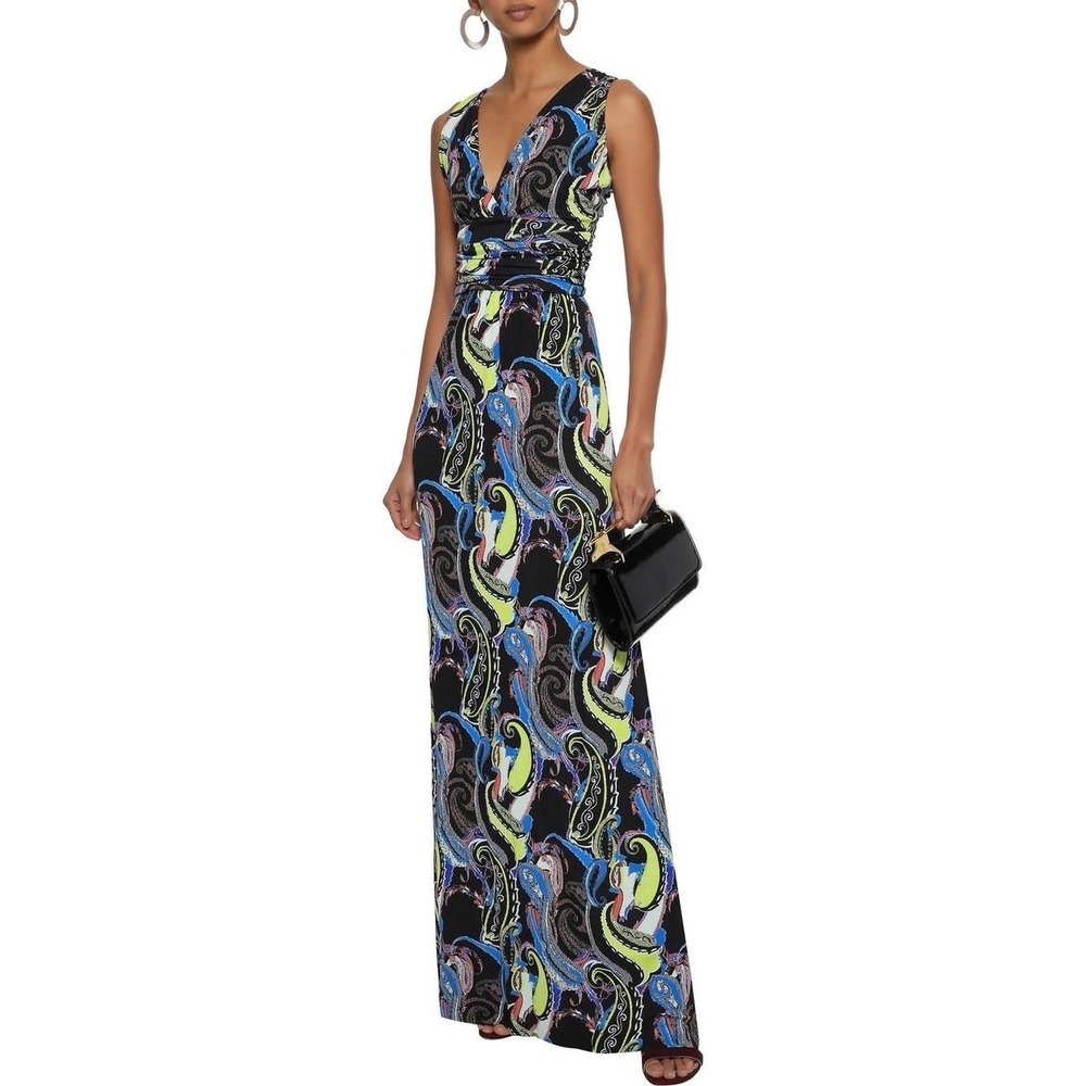 Etro Milano Paisley Print V-Neck Sleeveless Maxi Dress Black Multi Size 48 NEW